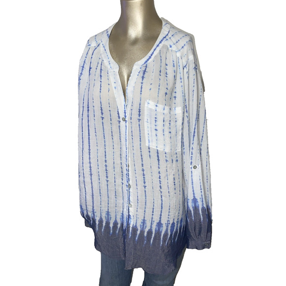Zac & Rachel Women 1X Shirt Large Blue White Breezy Costal Blouse Top Peasant - Picture 1 of 8